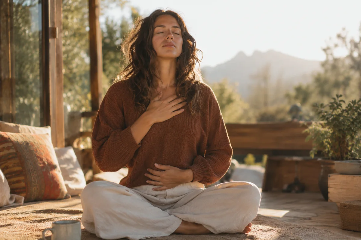 A woman seated comfortably with one hand on her chest and one on her abdomen, practising calm breathing in warm natural light